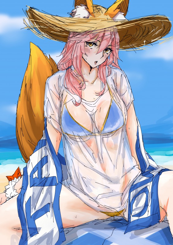 1girl :o animal_ears blush breasts brown_eyes fate/grand_order fate_(series) hagunontada hat large_breasts long_hair looking_at_viewer looking_to_the_side pink_hair see-through sitting sketch solo spread_legs straw_hat tail tamamo_(fate)_(all) tamamo_no_mae_(swimsuit_lancer)_(fate)