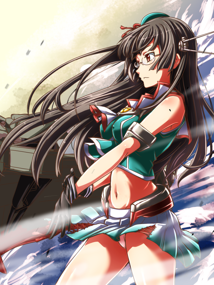 1girl bare_legs beret black_gloves breasts brown_hair cannon character_name choker choukai_(kantai_collection) cleavage glasses glove_pull gloves green_hat hair_ornament hat kantai_collection kobamiso_(kobalt) large_breasts long_hair looking_away machinery midriff panties pantyshot pantyshot_(standing) pleated_skirt red_eyes remodel_(kantai_collection) rigging rimless_glasses skirt solo standing turret underwear wind wind_lift
