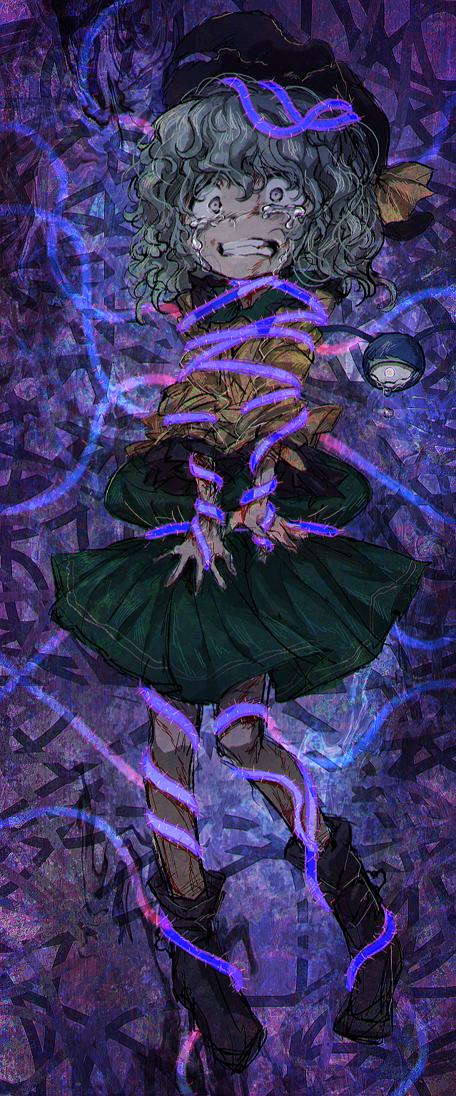 1girl black_footwear black_hat boots bow clenched_teeth constriction crying crying_with_eyes_open curly_hair full_body green_hair green_skirt hat hat_bow highres komeiji_koishi lotosu pain restrained shirt skirt solo tears teeth third_eye thorns touhou yellow_bow yellow_shirt