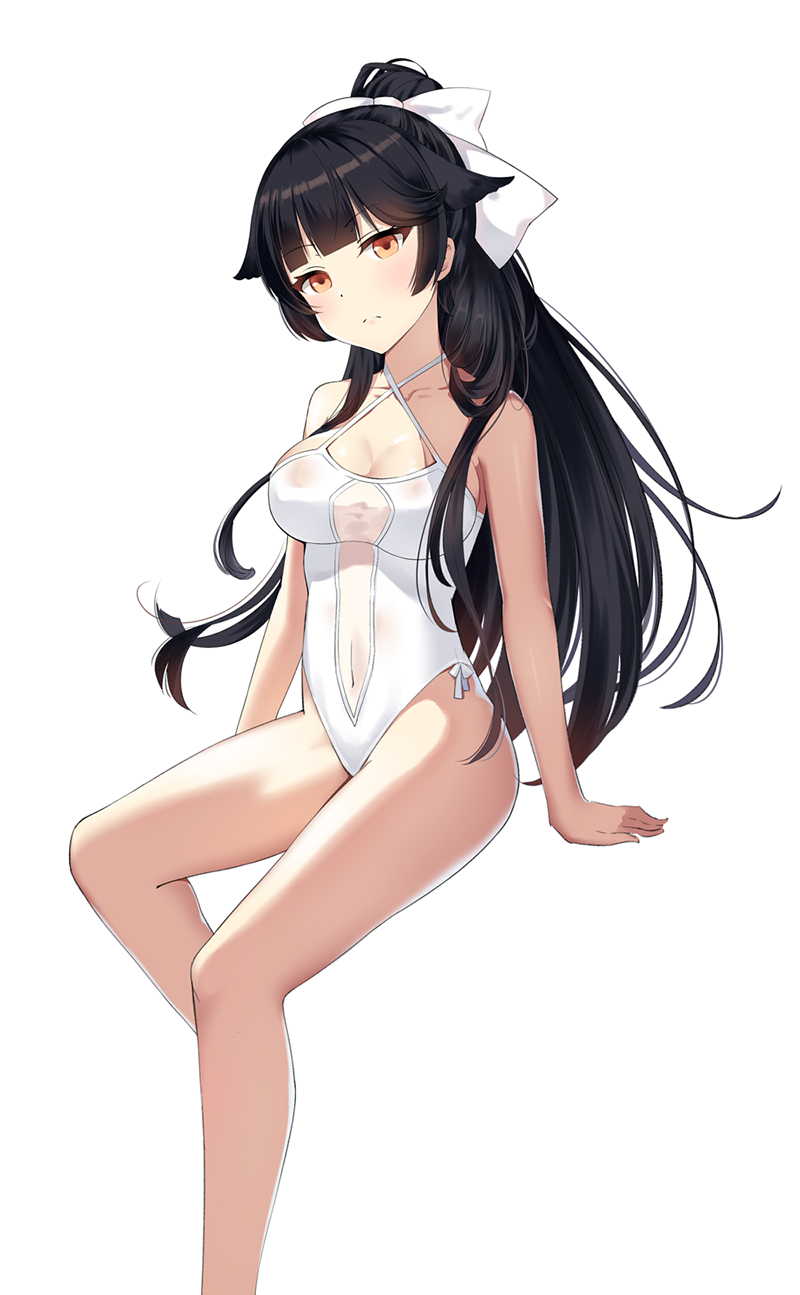 1girl azur_lane bangs bare_arms bare_legs bare_shoulders black_hair blunt_bangs blush breasts casual_one-piece_swimsuit cleavage closed_mouth collarbone covered_navel criss-cross_halter expressionless hair_ribbon halterneck head_tilt highres invisible_chair linhe_de_chuangzi long_hair looking_at_viewer medium_breasts one-piece_swimsuit ponytail red_eyes ribbon see-through sitting solo swimsuit takao_(azur_lane) thighs tsurime very_long_hair white_ribbon