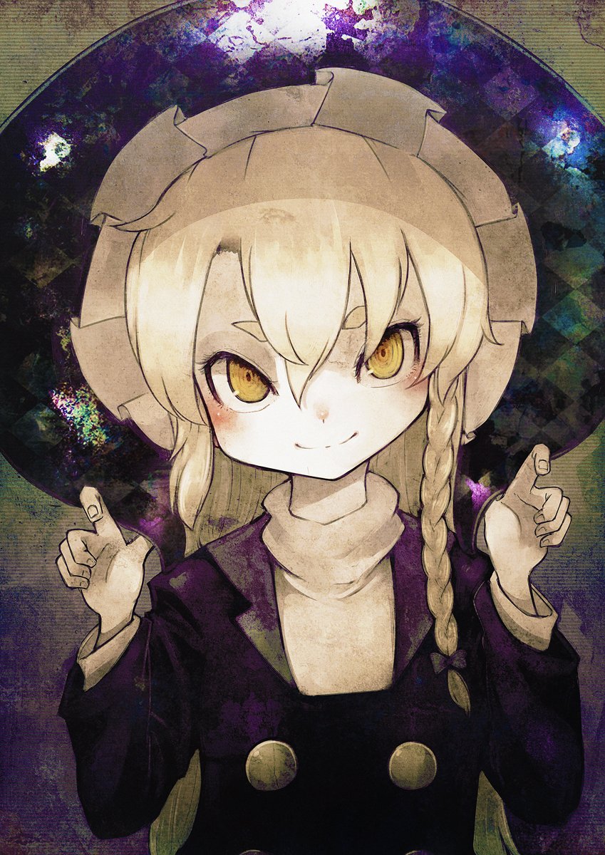 1girl black_bow blonde_hair bow braid buttons closed_mouth cookie_(touhou) hair_between_eyes hair_bow hat highres kirisame_marisa koohee long_hair looking_at_viewer rei_(cookie) side_braid smile solo thick_eyebrows touhou upper_body vest witch_hat yellow_eyes