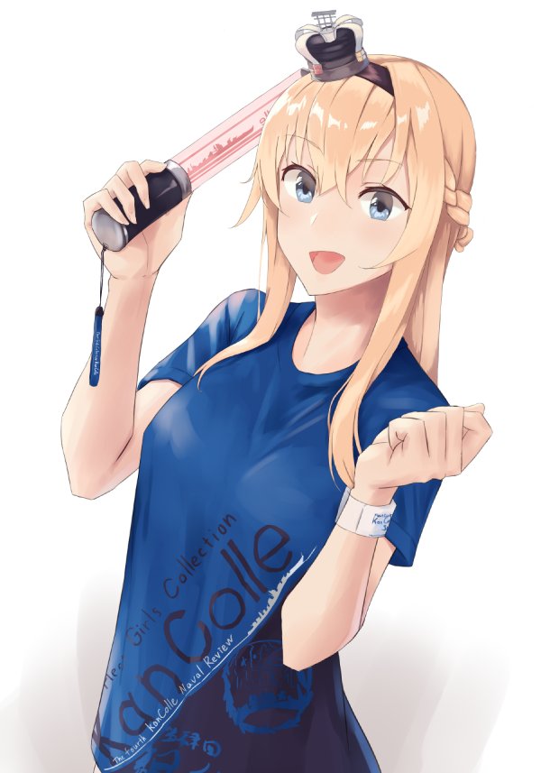 1girl blonde_hair blue_eyes braid commentary_request crown french_braid hands_up hiiragii_(hiiragi_0404) kantai_collection light_stick long_hair mini_crown open_mouth shirt smile solo t-shirt warspite_(kantai_collection)