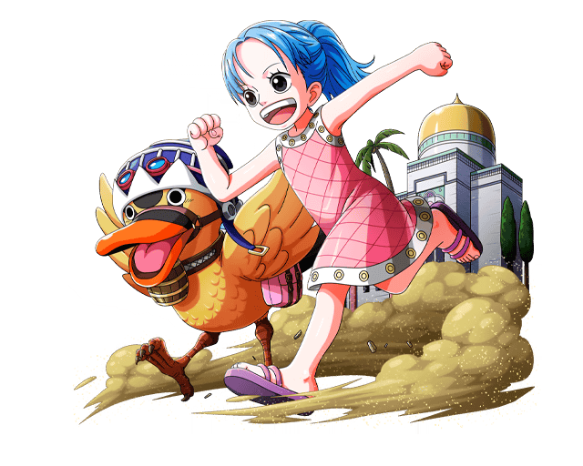 1girl :d bird black_eyes blue_hair bodskih dress high_ponytail long_hair nefertari_vivi one_piece open_mouth pink_dress running short_dress sleeveless sleeveless_dress smile transparent_background younger