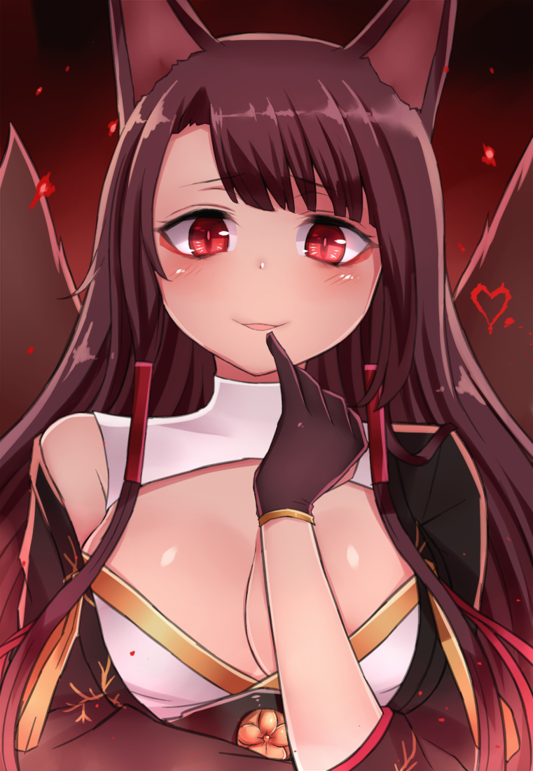 1girl :p akagi_(azur_lane) animal_ears azur_lane breasts brown_hair cleavage cleavage_cutout commentary_request finger_to_mouth gloves heart long_hair multiple_tails neit_ni_sei red_eyes slit_pupils smile solo tail tongue tongue_out wolf_ears wolf_tail