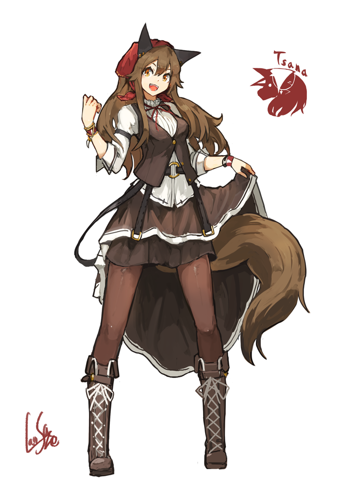 1girl :d animal_ears belt boots bracelet breasts brown_eyes brown_footwear brown_hair brown_legwear commentary_request dress dress_lift full_body headdress jewelry lansane long_hair long_sleeves looking_at_viewer medium_breasts o-ring open_mouth original pantyhose pleated_skirt shirt signature simple_background skirt smile solo standing tail tsana_(lansane) vest white_background white_shirt wolf_ears wolf_tail wristband