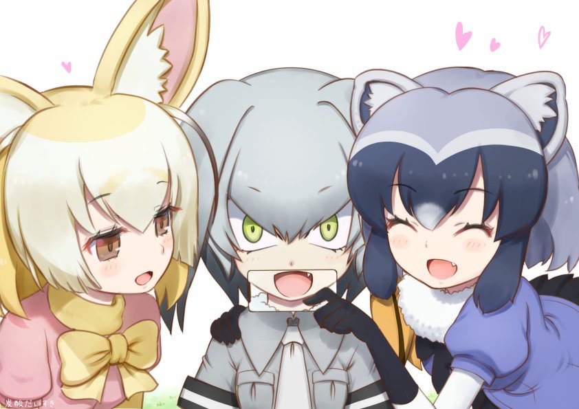 3girls :d ^_^ animal_ears artist_name black_gloves black_hair black_ribbon black_skirt blonde_hair blue_shirt blush bow breast_pocket brown_eyes closed_eyes collared_shirt commentary_request common_raccoon_(kemono_friends) eyebrows_visible_through_hair eyelashes facing_viewer fang fennec_(kemono_friends) fox_ears fur_collar gloves gradient_hair green_eyes grey_hair grey_necktie grey_shirt hair_between_eyes hand_on_another's_shoulder hand_up heart iphone_x jitome jpeg_artifacts kemono_friends looking_at_another looking_at_viewer low_ponytail multicolored_hair multiple_girls neck_ribbon necktie open_mouth orange_hair pink_sweater pleated_skirt pocket puffy_short_sleeves puffy_sleeves raccoon_ears reverse_x-ray ribbon sanpaku shirt shoebill_(kemono_friends) short_sleeve_sweater short_sleeves side_ponytail simple_background skirt sleeve_cuffs smile sweater tansan_daisuki tsurime two-tone_hair upper_body white_background yellow_bow |d