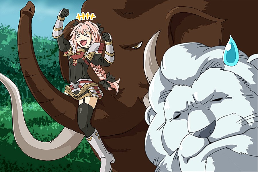 &gt;_&lt; 1girl 2boys animal armor beast_wars beast_wars_neo big_convoy blue_sky braid character_request crossover day eyebrows_visible_through_hair fate_(series) forest kamizono_(spookyhouse) lion long_hair mammoth maximal multiple_boys nature open_mouth outdoors parody personification plant ribbon sitting sky smile style_parody thigh-highs transformers tree tusks