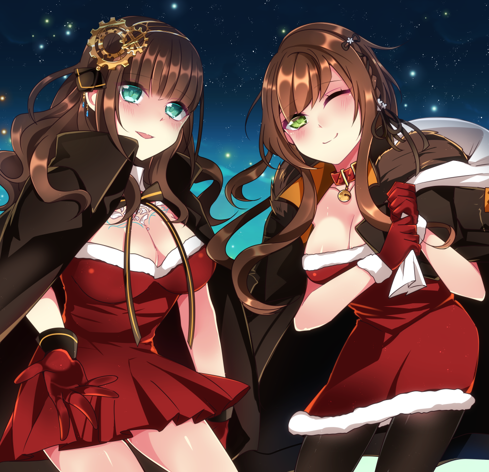 2girls ;) aqua_eyes bell black_legwear blush braid breasts brown_hair cape cardia_beckford character_request cleavage code:realize collar fur_trim gear_hair_ornament gloves green_eyes large_breasts long_hair looking_at_viewer multiple_girls one_eye_closed over_shoulder pantyhose red_gloves s2cikn_(yuzu) sack smile standing