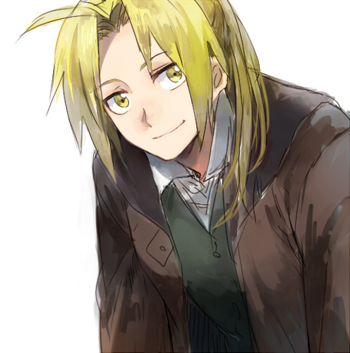 1boy blonde_hair coat edward_elric eyebrows_visible_through_hair fullmetal_alchemist happy long_hair looking_at_viewer lowres male_focus ponytail riru shirt simple_background smile solo waistcoat white_background white_shirt yellow_eyes