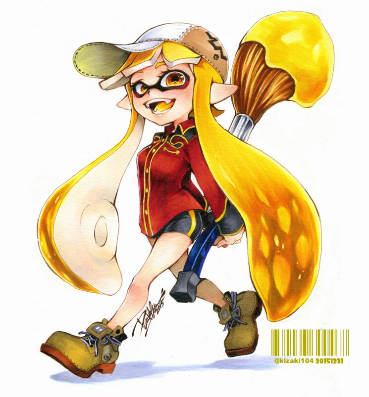 1girl :d arms_behind_back artist_name bangs barcode baseball_cap bike_shorts black_shorts blonde_hair blunt_bangs brown_footwear brown_hat collared_shirt cross-laced_footwear domino_mask fangs full_body hat holding holding_weapon inkbrush_(splatoon) inkling isamu-ki_(yuuki) long_hair long_sleeves looking_at_viewer marker_(medium) mask open_mouth pointy_ears red_shirt shirt shoes shorts signature single_vertical_stripe smile solo splatoon splatoon_1 standing tentacle_hair traditional_media twitter_username walking weapon white_background yellow_eyes