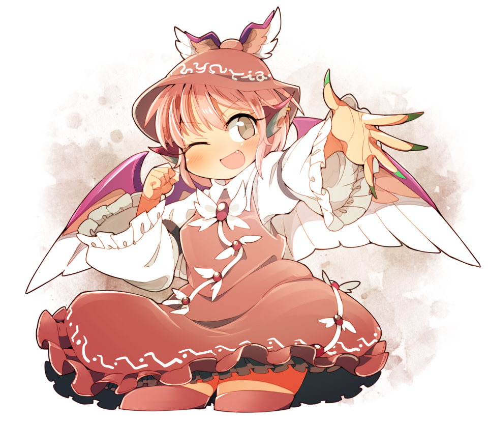 1girl bird_ears bird_wings blush brown_dress brown_eyes clenched_hand dress fang fingernails green_nails hat ini_(inunabe00) jewelry long_fingernails long_sleeves mystia_lorelei nail_polish one_eye_closed open_mouth outstretched_arm pink_hair short_dress single_earring smile solo thigh-highs touhou white_background wide_sleeves wings