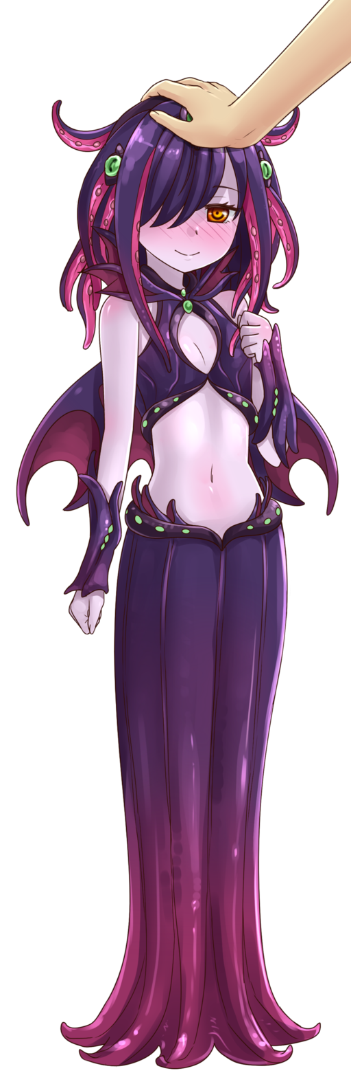 1girl bare_shoulders blush bracelet brown_eyes child clenched_hands closed_mouth crop_top extra_eyes full_body hair_over_one_eye hand_on_another's_head hand_on_own_chest hand_up highres jewelry looking_at_viewer mindflayer monster_girl monster_girl_encyclopedia navel one_eye_covered petting purdoy25 purple_hair purple_skin smile solo_focus standing tentacle tentacle_hair transparent_background younger