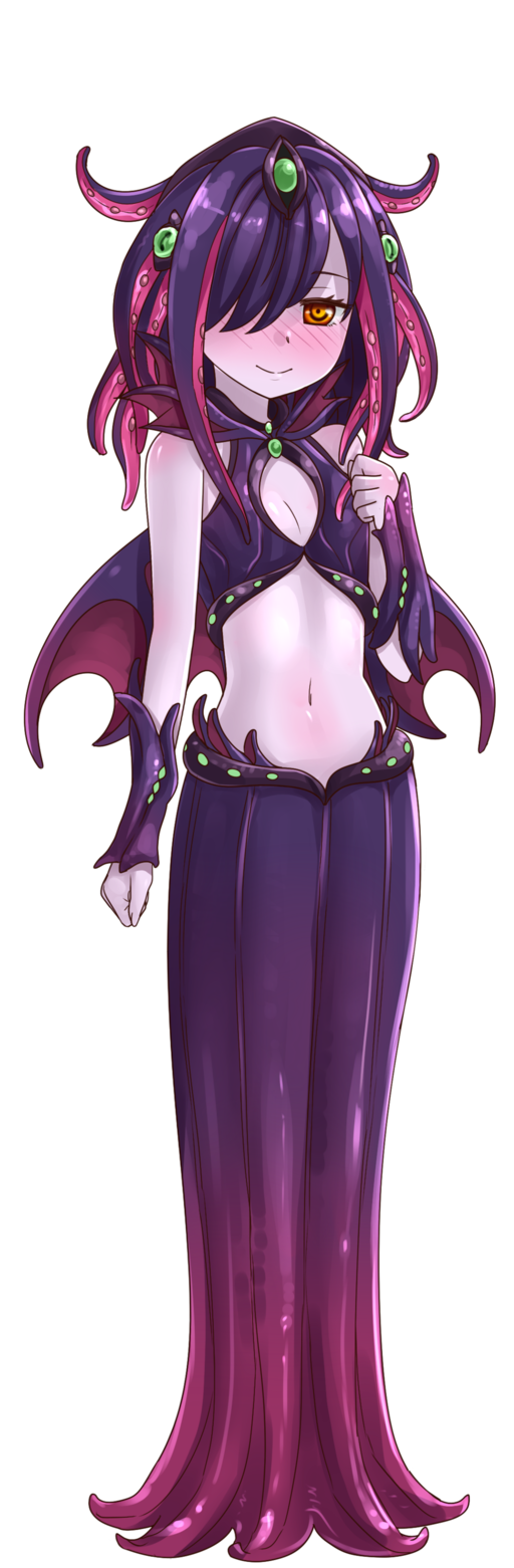1girl bare_shoulders blush bracelet brown_eyes child clenched_hands closed_mouth crop_top extra_eyes full_body hair_over_one_eye hand_on_own_chest hand_up highres jewelry looking_at_viewer mindflayer monster_girl monster_girl_encyclopedia navel one_eye_covered purdoy25 purple_hair purple_skin smile solo standing tentacle tentacle_hair transparent_background younger