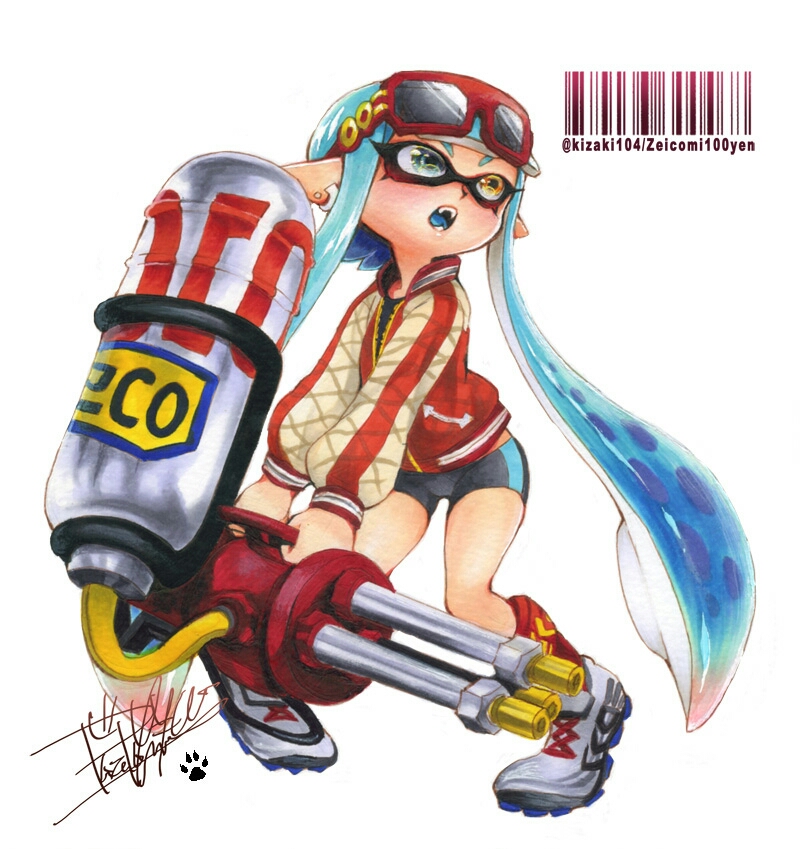 1girl artist_name bangs barcode bike_shorts black_shorts blue_hair blue_tongue blunt_bangs cleats cross-laced_footwear domino_mask earrings full_body green_eyes grey_shoes heterochromia holding holding_weapon hydra_splatling_(splatoon) inkling isamu-ki_(yuuki) jacket jewelry letterman_jacket long_hair long_sleeves looking_to_the_side marker_(medium) mask open_mouth paw_print pointy_ears red-framed_eyewear red_jacket red_legwear shoes shorts signature single_vertical_stripe solo splatoon splatoon_1 standing sunglasses sunglasses_on_head tentacle_hair traditional_media twitter_username weapon yellow_eyes