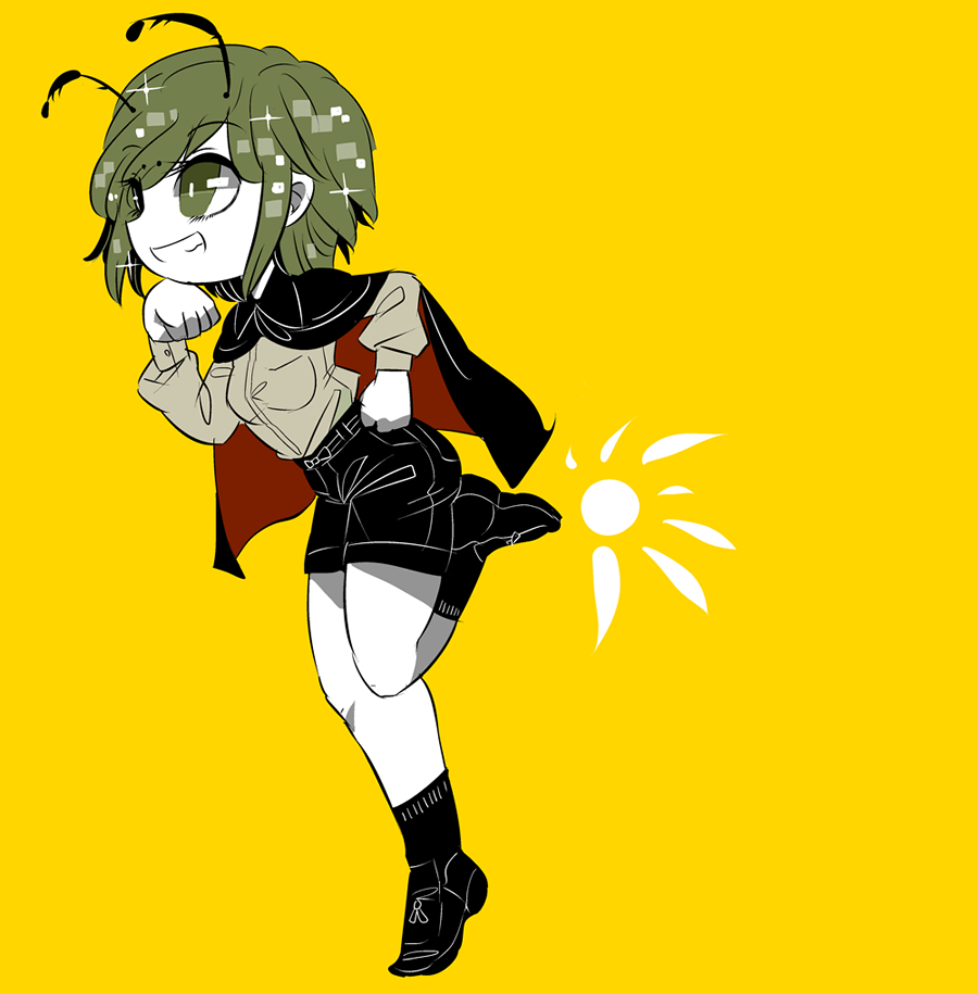 antennae cape green_eyes green_hair grin running shoes shorts simple_background smile touhou wriggle_nightbug yt_(wai-tei)