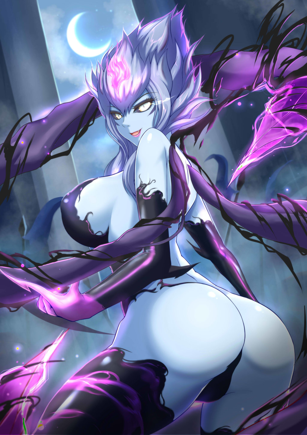 1girl :d ass bare_shoulders black_sclera blue_skin breasts bright_pupils crescent_moon evelynn eyelashes fang highres large_breasts league_of_legends lipstick looking_at_viewer makeup moon night night_sky open_mouth sideboob sky slit_pupils smile solo torahime_(roland00) white_eyes white_hair