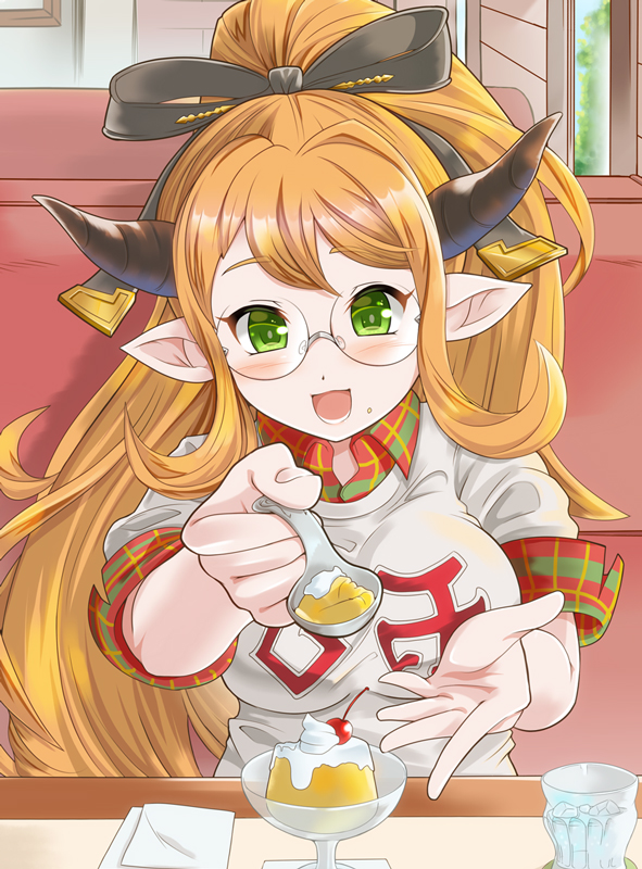 1girl :d black_bow blonde_hair blush bow cherry collared_shirt commentary_request day doraf drink feeding food food_on_face fruit glass glasses granblue_fantasy green_eyes hair_bow head_tilt high_ponytail holding holding_spoon horns ice ice_cube indoors long_hair looking_at_viewer napkin ninjatasuku open_mouth plaid plaid_shirt pointy_ears pudding restaurant rimless_glasses round_glasses saaya_(granblue_fantasy) shirt short_sleeves sitting smile solo whipped_cream white_shirt window wing_collar