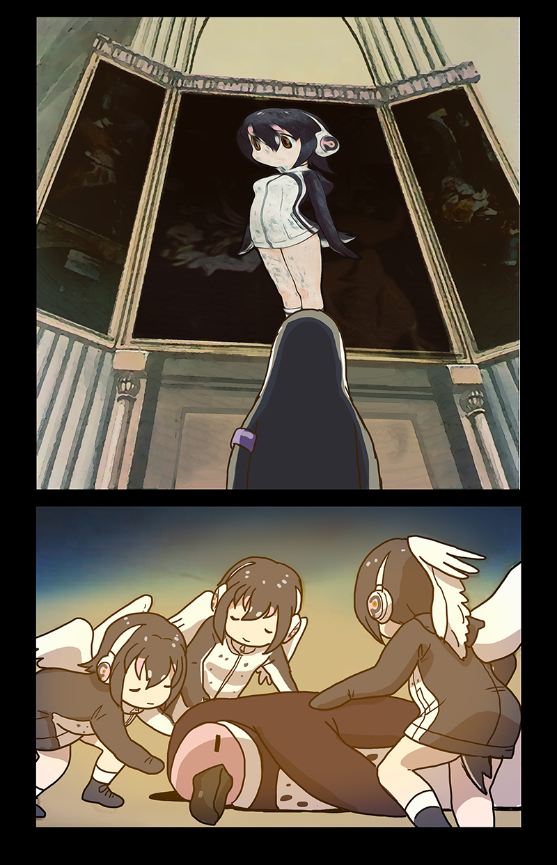 3girls a_dog_of_flanders angel_wings animal armband bangs beak bent_over bird bird_tail black_footwear black_hair clone closed_eyes closed_mouth death dress feathered_wings feathers flying grape-kun hair_between_eyes headphones highres humboldt_penguin humboldt_penguin_(kemono_friends) kemono_friends leaning leaning_forward lying multicolored_hair multiple_girls no_nose on_stomach painting_(object) parody penguin penguin_tail pink_hair roonhee shoes short_dress short_hair sleeping smile socks standing turtleneck two-tone_hair white_legwear white_wings wings zipper zipper_pull_tab