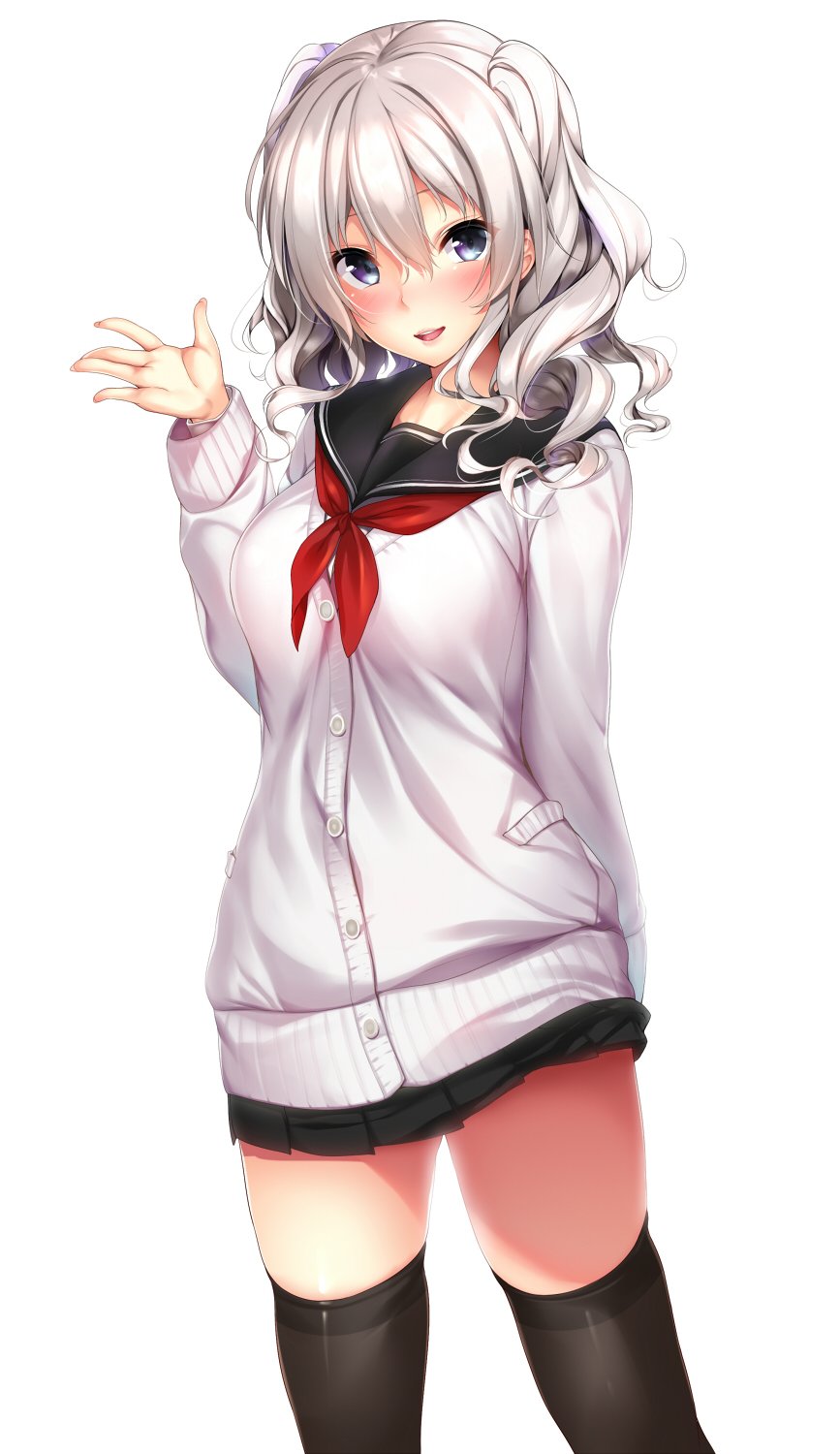 1girl :d alternate_costume arm_behind_back bangs black_legwear black_skirt blush breasts buttons cardigan commentary_request cowboy_shot eyebrows_visible_through_hair hair_between_eyes hand_up highres kantai_collection kashima_(kantai_collection) long_hair long_sleeves looking_at_viewer medium_breasts miniskirt neckerchief nironiro no_hat no_headwear open_mouth pleated_skirt red_neckerchief sailor_collar silver_hair simple_background skirt smile solo standing tareme thigh-highs thighs twintails wavy_hair white_background zettai_ryouiki