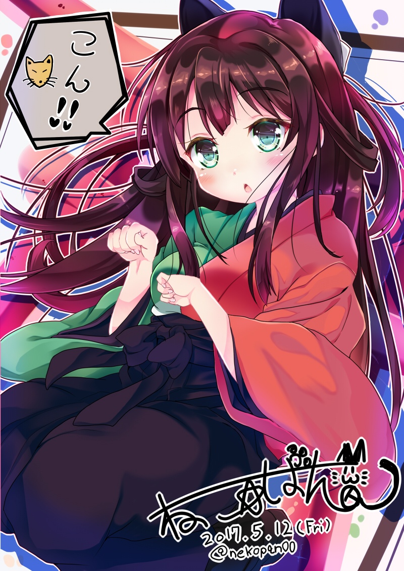 1girl :o black_bow black_footwear black_hakama blush boots bow breasts brown_hair chestnut_mouth commentary_request dated eyebrows_visible_through_hair fox full_body green_eyes hair_bow hakama half_updo japanese_clothes kimono long_hair long_sleeves looking_at_viewer medium_breasts meiji_schoolgirl_uniform multicolored multicolored_background multicolored_clothes multicolored_kimono neko_pan open_mouth paw_pose seiza sidelocks signature sitting solo speech_bubble tatsumi_kon twitter_username urara_meirochou wide_sleeves