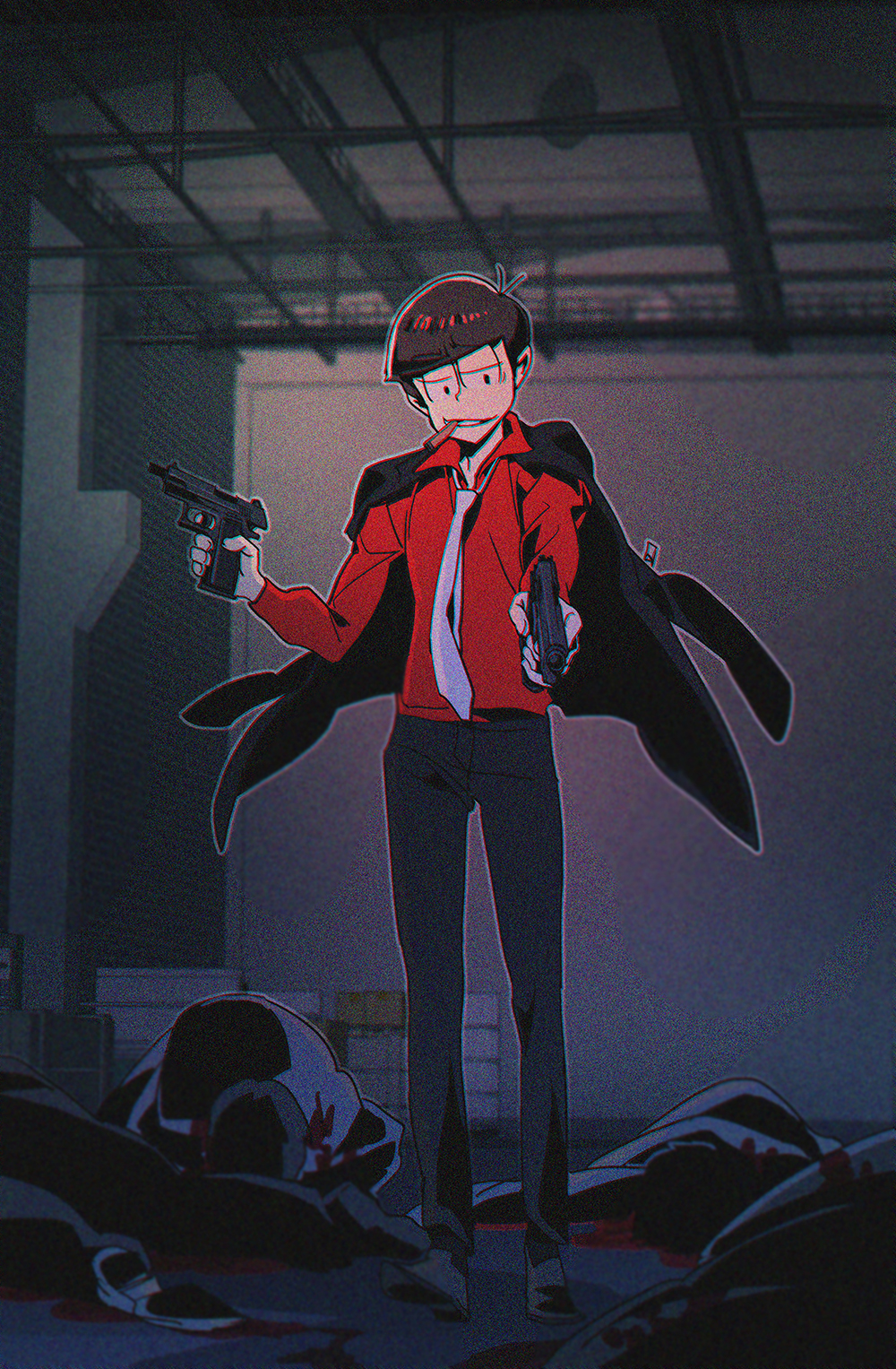 5boys aneunyeoja black_hair blood cigar death dress_shirt dual_wielding formal gun handgun highres jacket_on_shoulders matsuno_osomatsu multiple_boys necktie osomatsu-san red_shirt shirt smirk solo_focus standing suit weapon