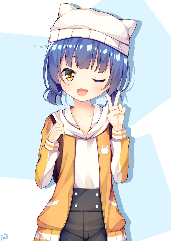 1girl ;d animal_hat animal_print backpack bag bangs black_pants blue_hair blush bunny_print cat_hat collarbone commentary_request eyebrows_visible_through_hair fang gochuumon_wa_usagi_desu_ka? hat head_tilt high-waist_pants holding hood hood_down hoodie jacket jouga_maya long_sleeves looking_at_viewer low_twintails one_eye_closed open_clothes open_jacket open_mouth pants short_hair short_twintails simple_background smile solo twintails v white_hat white_hoodie win_opz yellow_eyes yellow_jacket