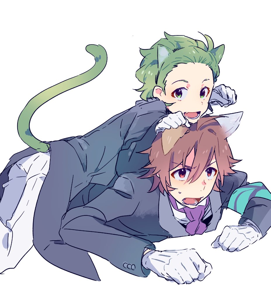 2boys amagase_touma animal_ears armband brown_eyes brown_hair cat_ears cat_tail dogpile gloves green_eyes green_hair idolmaster idolmaster_side-m kemonomimi_mode looking_at_viewer mitarai_shouta multiple_boys namco_namja_town open_mouth paw_pose reo_(pixiv_1466910) simple_background tail white_background white_gloves