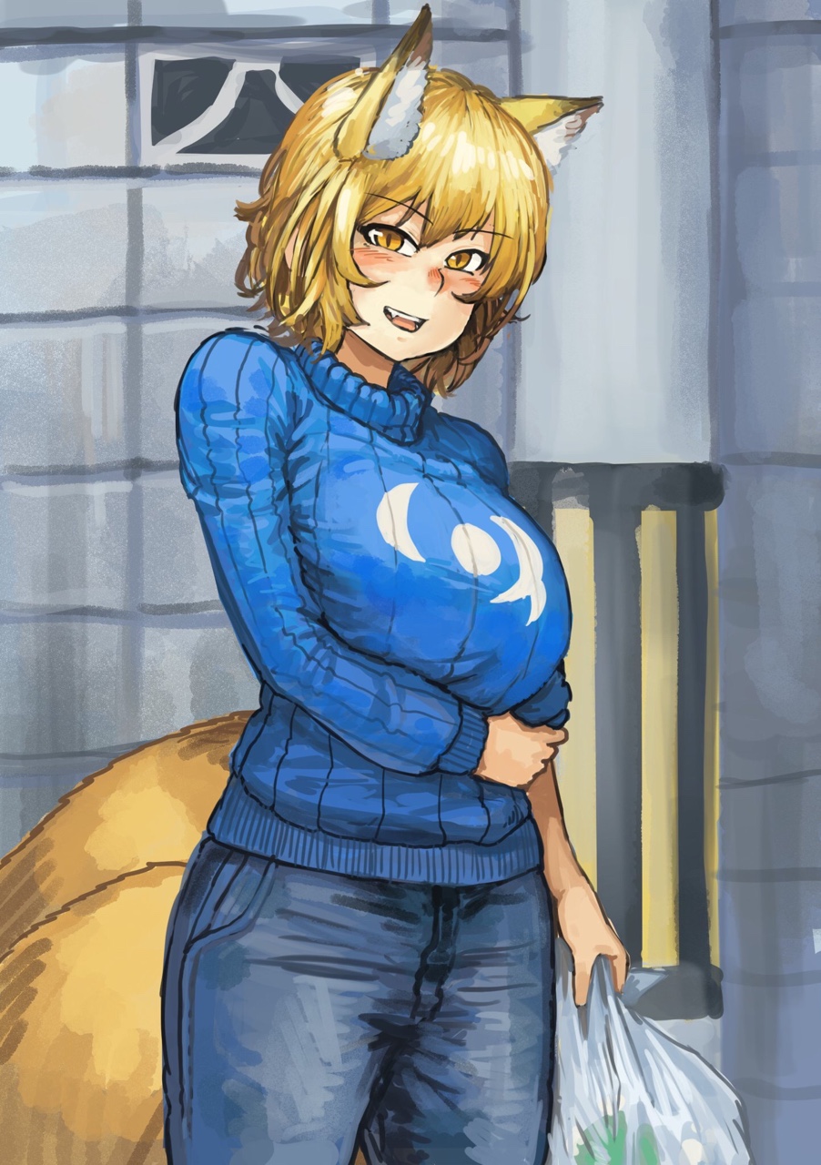 1girl :d animal_ears bag bangs blonde_hair blue_sweater blush chanta_(ayatakaoisii) commentary cowboy_shot day denim eyebrows_visible_through_hair fangs fox_ears fox_tail grocery_bag highres holding_bag jeans long_sleeves looking_at_viewer multiple_tails open_mouth outdoors pants shopping_bag short_hair smile solo standing sweater tail touhou yakumo_ran yellow_eyes