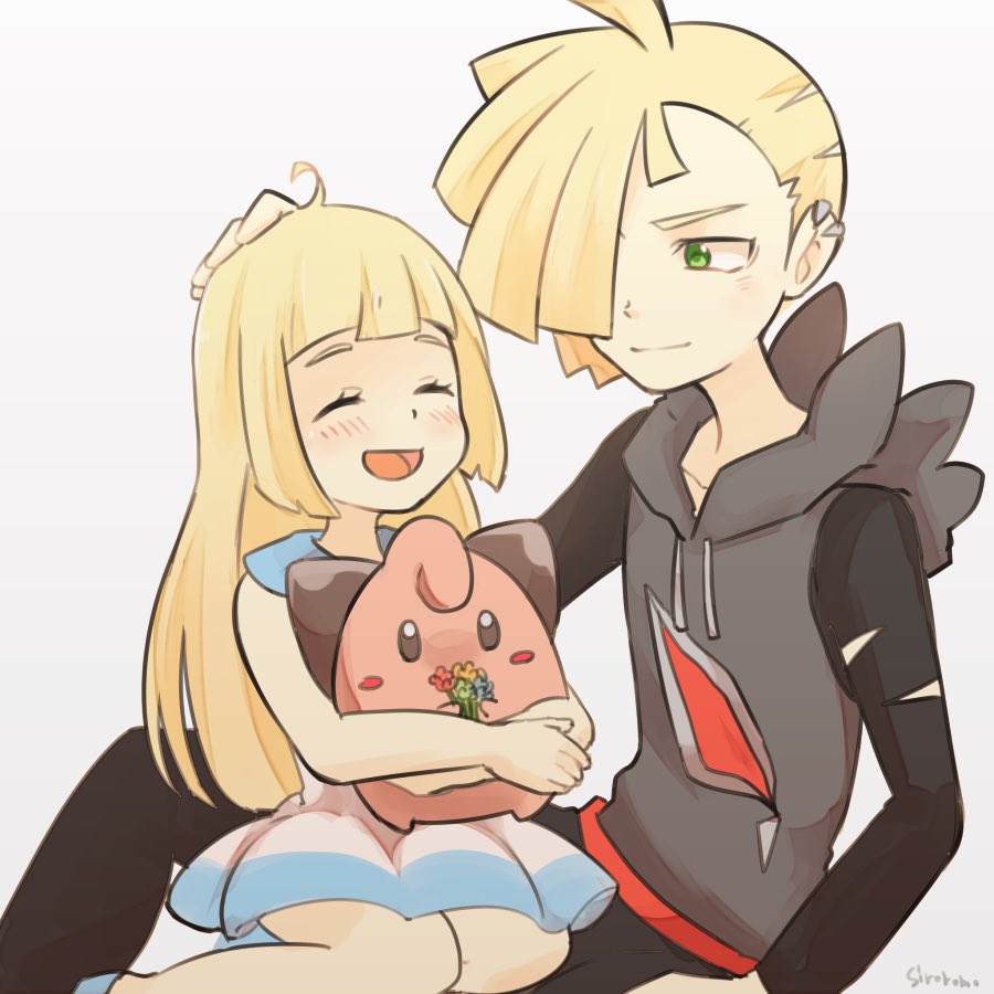 1boy 1girl black_pants blonde_hair brother_and_sister child cleffa closed_eyes dress gladio_(pokemon) green_eyes hair_over_one_eye hand_on_another's_head hood hoodie lillie_(pokemon) long_hair long_sleeves open_mouth pants pokemon pokemon_(anime) pokemon_(creature) pokemon_(game) pokemon_sm pokemon_sm_(anime) short_hair siblings simple_background siroromo sitting sleeveless sleeveless_dress torn_clothes white_dress younger