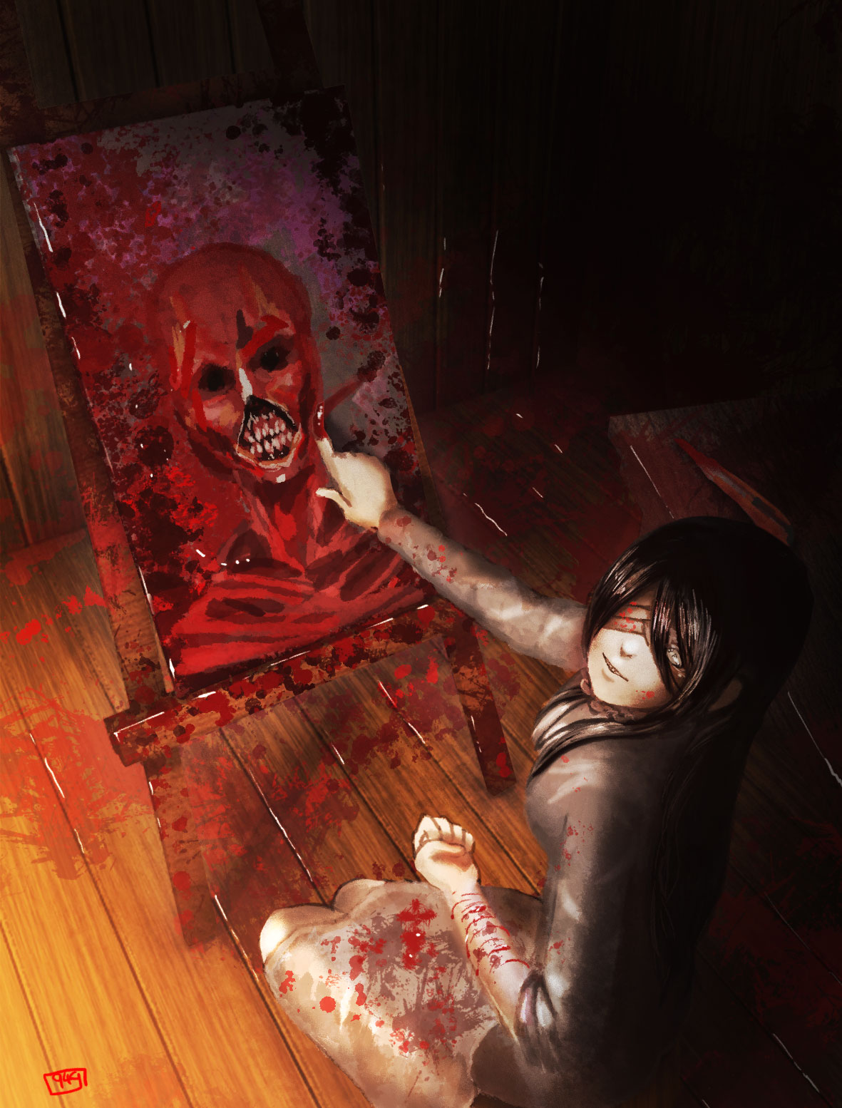1girl 949_(king949) bent_elbow black_hair blood blood_on_fingers blood_on_ground blood_on_wall blood_splatter bloody_clothes bloody_hands blue_eyes clenched_hand cuts dress eyepatch from_above grey_dress highres injury kneeling knife long_hair long_sleeves looking_at_viewer original outstretched_arm painting painting_(object) sleeves_rolled_up smile wooden_floor wooden_wall
