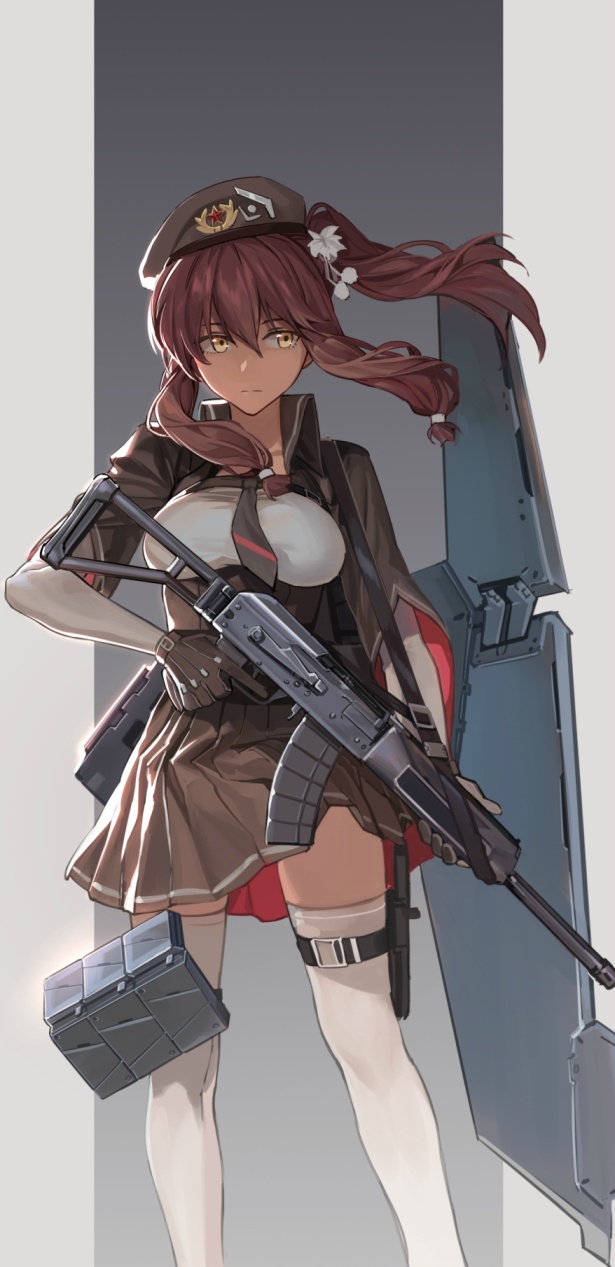 1girl beret breasts brown_gloves brown_hair closed_mouth dark_skin expressionless framed_breasts girls_frontline gloves gradient gradient_background gun hair_between_eyes hair_ornament hat highres holster long_hair looking_away medium_breasts outside_border pleated_skirt pom_pom_(clothes) rff_(3_percent) saiga-12_(girls_frontline) shield shirt side_ponytail sidelocks simple_background skirt solo standing taut_clothes taut_shirt thigh-highs thigh_holster thigh_strap underbust weapon white_legwear yellow_eyes