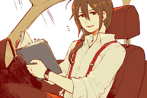 1boy car_interior idolmaster idolmaster_side-m long_hair looking_at_viewer male_focus ponytail producer_(idolmaster_side-m) schedule solo suspenders