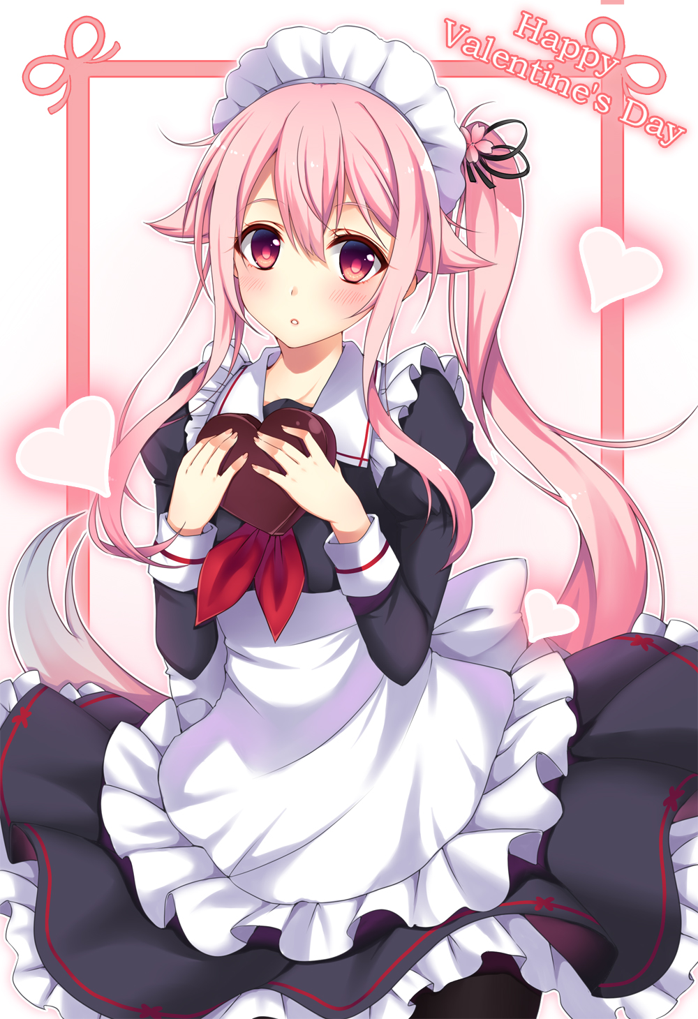 1girl eyebrows_visible_through_hair flower hair_flower hair_ornament happy_valentine harusame_(kantai_collection) hasu_(velicia) heart highres kantai_collection long_hair long_sleeves looking_at_viewer maid maid_headdress parted_lips pink_eyes pink_hair side_ponytail solo valentine