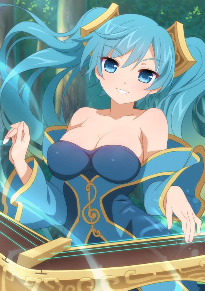1girl bare_shoulders blue_eyes breasts collarbone commentary day dress eyebrows_visible_through_hair green_hair head_tilt instrument large_breasts league_of_legends long_hair mute outdoors parted_lips smile solo sona_buvelle tree twintails very_long_hair wanaca