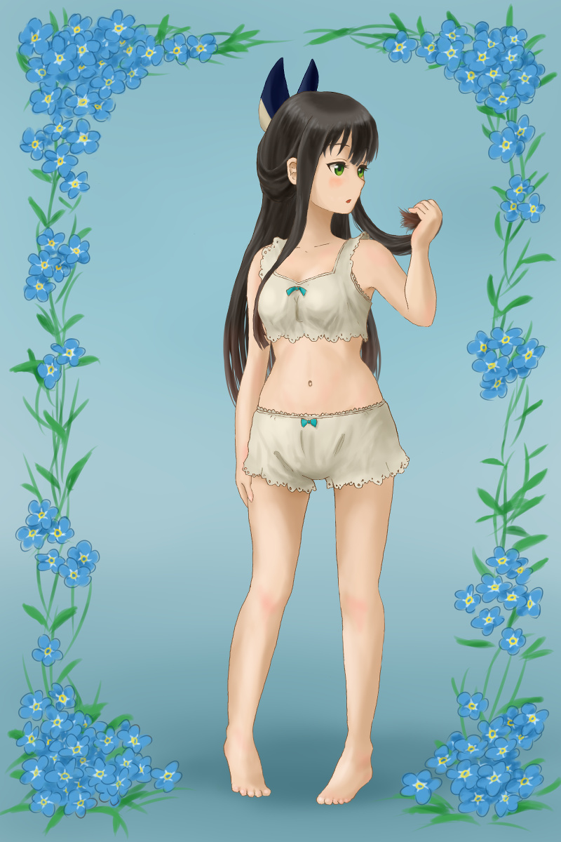 1girl :o bangs bare_shoulders barefoot black_bow bloomers blue_background blue_flower blush bow breasts brown_hair camisole commentary_request floral_background green_eyes hair_bow half_updo highres holding holding_hair long_hair looking_to_the_side navel open_mouth sidelocks small_breasts solo spanglemaker standing stomach tatsumi_kon toes underwear underwear_only urara_meirochou white_bloomers