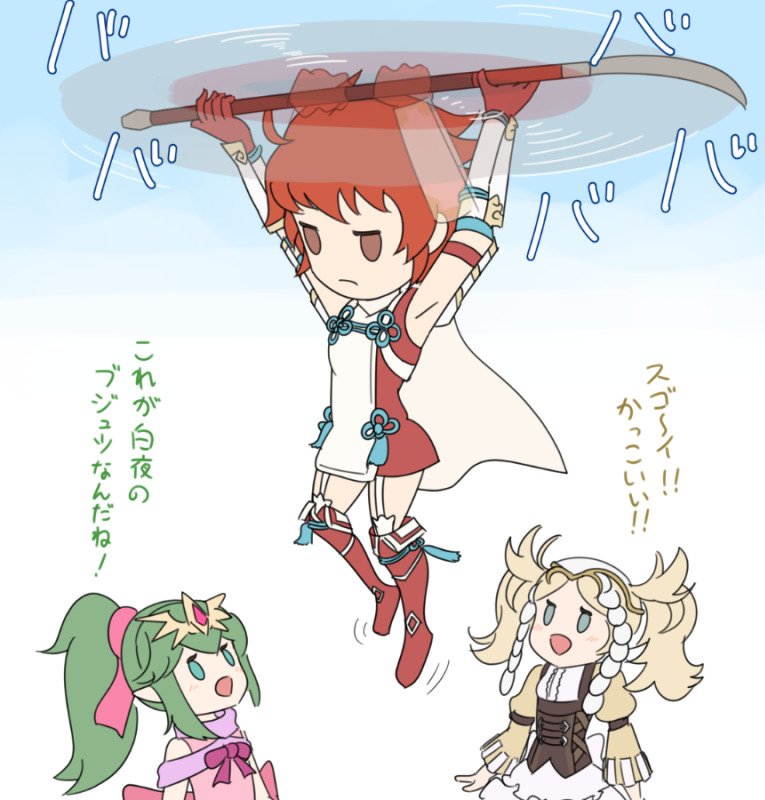 blonde_hair chibi chiki dress fire_emblem fire_emblem:_kakusei fire_emblem_if fire_emblem_musou gonzarez green_hair hair_ornament hinoka_(fire_emblem_if) liz_(fire_emblem) long_hair multiple_girls open_mouth polearm ponytail red_eyes redhead short_hair short_twintails smile spear twintails weapon