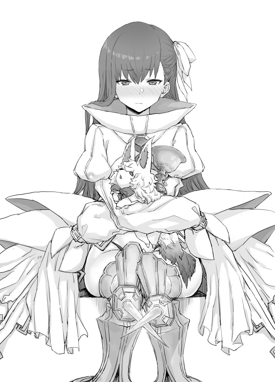 1girl blush fate/extra fate/extra_ccc fate/grand_order fate_(series) fou_(fate/grand_order) go-m greaves greyscale groin highres long_hair meltlilith monochrome sitting sleeves_past_wrists very_long_hair