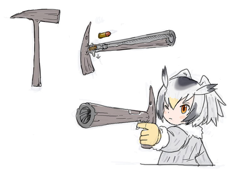 1girl ;( bangs bird_wings black_hair blonde_hair closed_mouth facing_away feathered_wings feathers finger_on_trigger frown fur_collar gloves gun hair_between_eyes head_wings holding holding_gun holding_weapon kemono_friends long_sleeves looking_away multicolored_hair northern_white-faced_owl_(kemono_friends) one_eye_closed orange_eyes pickaxe roonhee short_hair sidelocks simple_background solo tsurime upper_body weapon white_background white_hair wings yellow_gloves