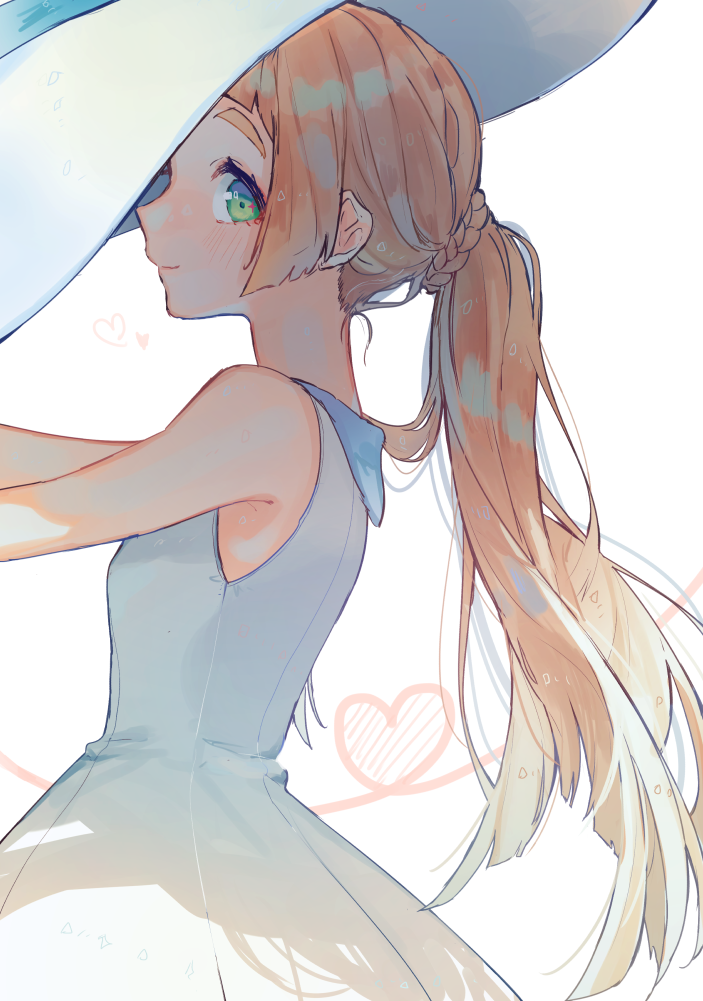 1girl bare_shoulders blonde_hair blush dress from_side green_eyes hat heart heart_of_string lillie_(pokemon) long_hair looking_at_viewer looking_to_the_side pokemon pokemon_(game) pokemon_sm ponytail profile simple_background sleeveless sleeveless_dress solo sun_hat sundress tareme upper_body white_background white_dress white_hat yuno_tsuitta