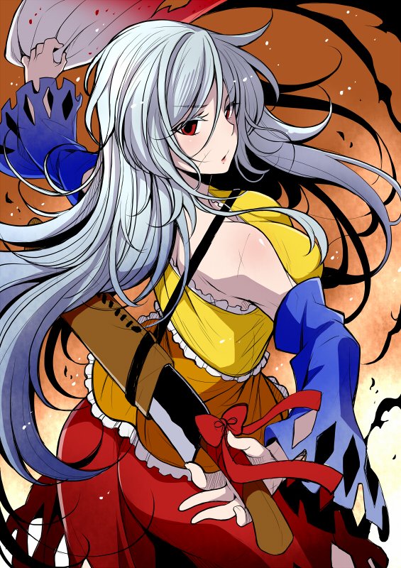 1girl ass bare_shoulders breasts commentary_request detached_sleeves dress eichi_yuu hatchet holding large_breasts long_hair looking_at_viewer looking_back multicolored multicolored_clothes multicolored_dress oriental_hatchet red_eyes sakata_nemuno silver_hair solo touhou