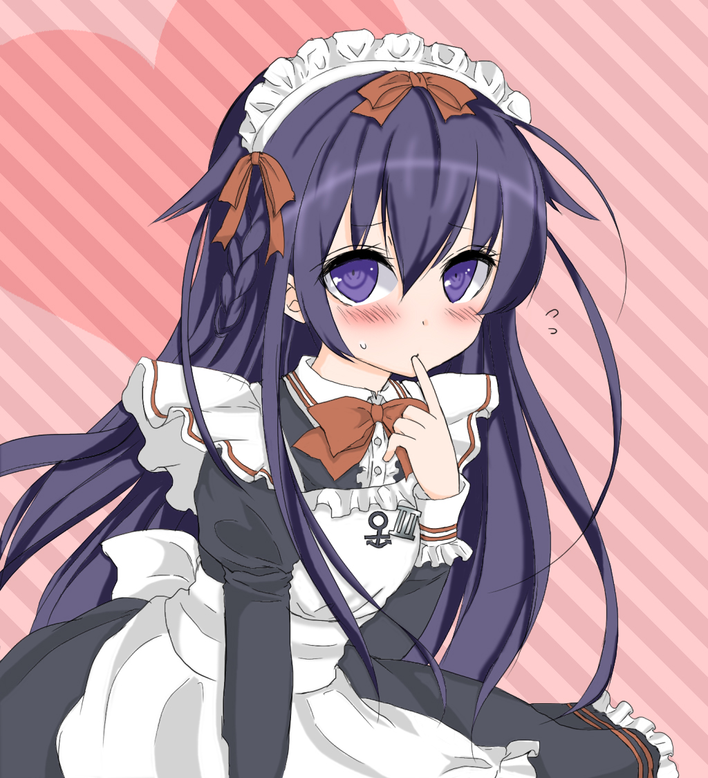 1girl akatsuki_(kantai_collection) alternate_costume anchor apron bangs black_shirt black_skirt blush bow braid closed_mouth collared_shirt commentary_request diagonal-striped_background diagonal_stripes enmaided eyebrows_visible_through_hair finger_to_mouth flying_sweatdrops frilled_apron frilled_shirt frilled_skirt frills hair_between_eyes hair_bow heart juliet_sleeves kantai_collection leaning_forward long_hair long_sleeves looking_at_viewer maid maid_apron maid_headdress pink_background puffy_sleeves purple_hair red_bow shirt skirt solo sweat valentine very_long_hair violet_eyes white_apron