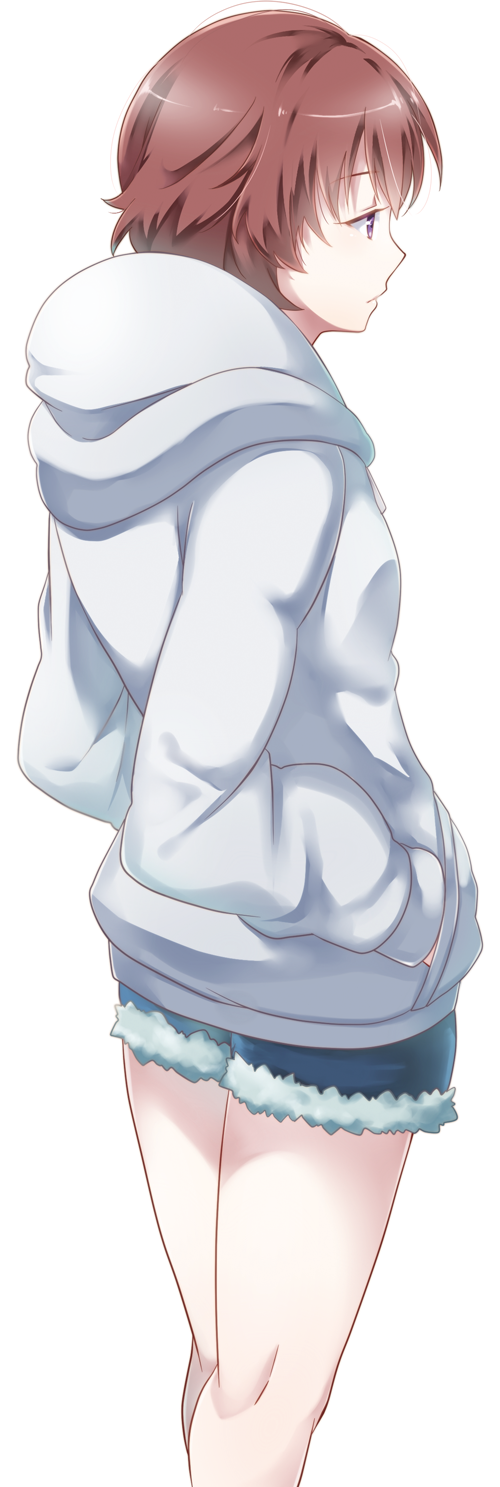1girl aldnoah.zero blue_shorts brown_eyes brown_hair denim denim_shorts from_behind grey_sweater hands_in_pockets highres hood hooded_sweater natsu_(360c) rayet_areash short_hair short_shorts shorts simple_background solo standing sweater torn white_background