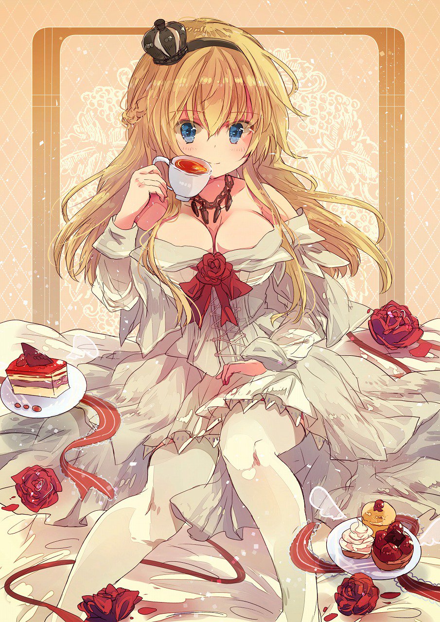 1girl blonde_hair blue_eyes braid breasts cake cleavage commentary corset crown cup cupcake dress flower food french_braid highres holding holding_cup kantai_collection large_breasts long_hair long_sleeves looking_at_viewer mini_crown nanahamu off-shoulder_dress off_shoulder red_ribbon red_rose ribbon rose sitting smile solo teacup thigh-highs warspite_(kantai_collection) white_dress white_legwear