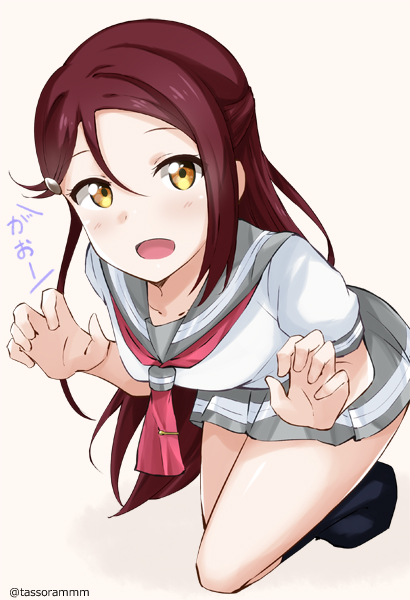 1girl bangs claw_pose hair_ornament hairclip kneeling long_hair love_live! love_live!_sunshine!! open_mouth redhead sakurauchi_riko school_uniform skirt smile solo tasora uranohoshi_school_uniform yellow_eyes