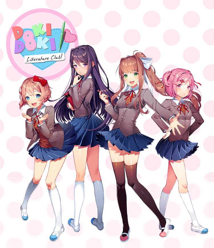 4girls :d ahoge bangs black_legwear blazer blue_eyes blue_skirt blunt_bangs blush book bow breasts brown_hair clenched_hands collared_shirt commentary copyright_name doki_doki_literature_club eyebrows_visible_through_hair full_body green_eyes hair_between_eyes hair_bow hair_ornament hairclip hands_on_hips head_tilt heart high_ponytail holding holding_book holding_pen jacket kneehighs long_hair long_sleeves looking_at_viewer looking_back medium_breasts monika_(doki_doki_literature_club) multiple_girls natsuki_(doki_doki_literature_club) neck_ribbon official_art open_blazer open_clothes open_jacket open_mouth outstretched_arm parted_lips pink_eyes pleated_skirt polka_dot polka_dot_background purple_hair red_bow red_ribbon ribbon satchely sayori_(doki_doki_literature_club) shirt shoes short_hair sidelocks skirt small_breasts smile standing swept_bangs thigh-highs uwabaki very_long_hair violet_eyes white_background white_legwear white_shirt white_shoes wing_collar yuri_(doki_doki_literature_club)