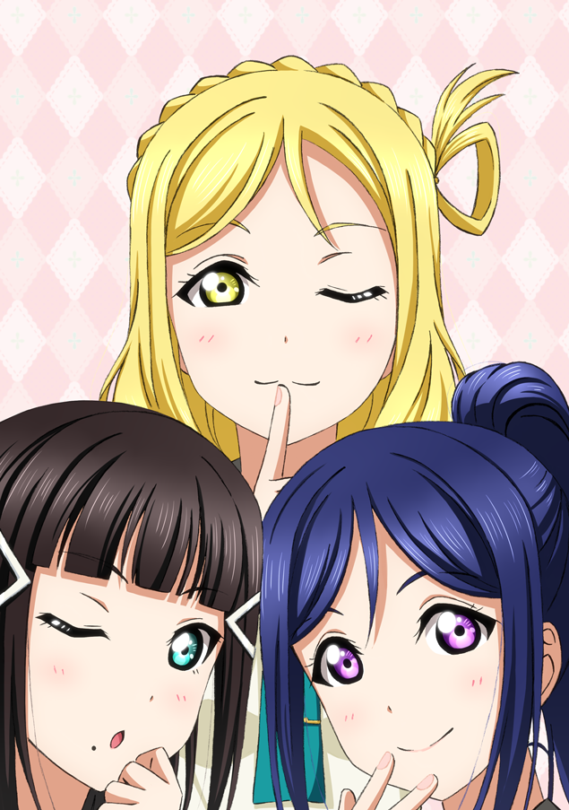 10s 3girls :3 aqua_eyes argyle argyle_background bangs blue_hair blunt_bangs blush hair_ornament hair_rings kazuma_(theworld000021) kurosawa_dia long_hair looking_at_viewer love_live! love_live!_sunshine!! matsuura_kanan mole mole_under_mouth multiple_girls necktie ohara_mari one_eye_closed pink_background school_uniform smile violet_eyes yellow_eyes