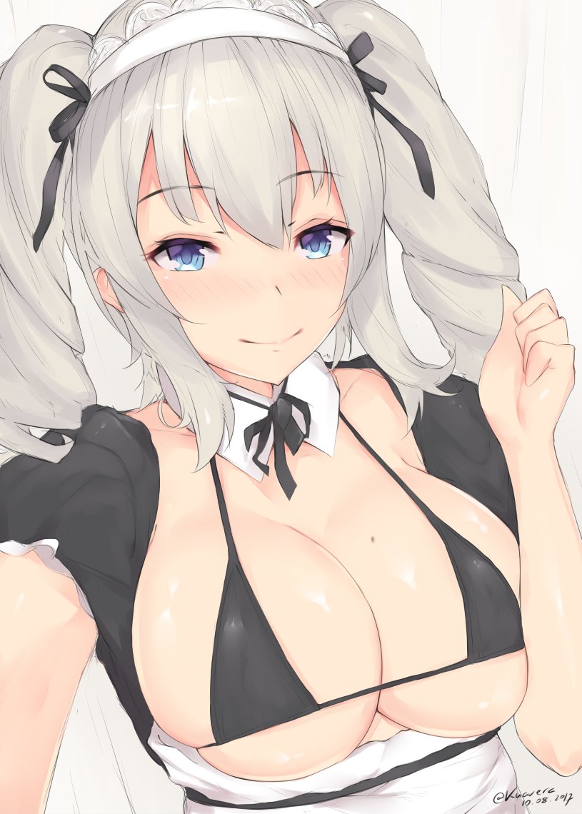1girl 2017 alternate_costume apron bikini black_bikini blue_eyes blush breasts breasts_outside collarbone commentary_request dated detached_collar enmaided hair_between_eyes kantai_collection kashima_(kantai_collection) kuavera large_breasts long_hair looking_at_viewer maid maid_apron maid_headdress micro_bikini self_shot silver_hair simple_background smile solo swimsuit twintails twitter_username upper_body white_background