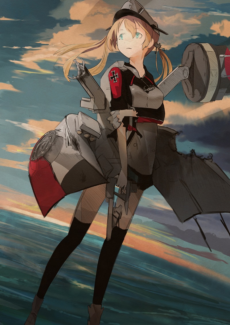1girl black_legwear blue_eyes cannon clouds cloudy_sky cyan_eyes damaged dutch_angle evening gloves grabbing_own_arm gun hat iron_cross kantai_collection looking_away looking_to_the_side machinery military military_uniform narotake ocean orange_hair outdoors peaked_cap prinz_eugen_(kantai_collection) single_glove skirt sky solo standing thigh-highs torn_clothes torpedo trigger_discipline twintails uniform water weapon white_gloves