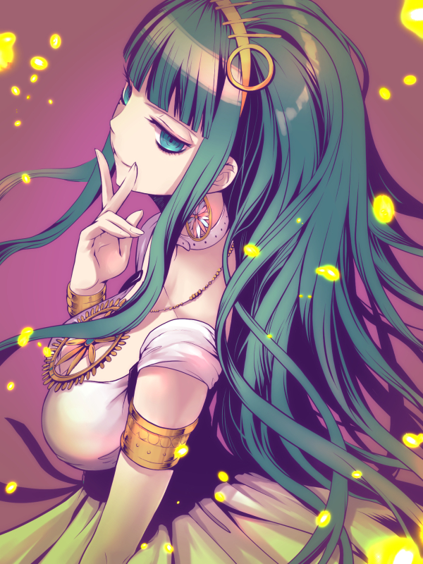 1girl aqua_eyes aqua_hair armlet belt breasts cleavage cleopatra_(fate/grand_order) closed_mouth collarbone cowboy_shot dress earrings egyptian egyptian_clothes eyebrows eyelashes eyeliner facing_away fate/grand_order fate_(series) finger_to_face finger_to_mouth fingernails floating_hair flower from_above hairband half-closed_eyes hoop_earrings jewelry light_particles lips long_hair looking_away looking_to_the_side makeup medium_breasts necklace nose p-kana purple_background ringed_eyes simple_background smile solo standing straight_hair very_long_hair white_belt white_dress yellow_hairband