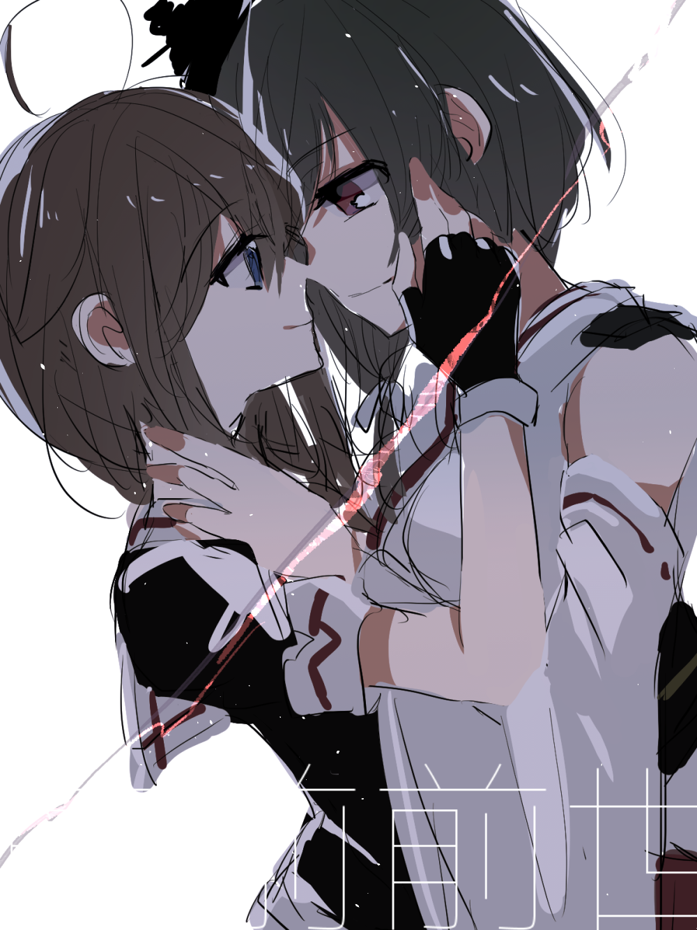 2girls ahoge bare_shoulders black_gloves black_hair blue_eyes detached_sleeves face-to-face fingerless_gloves from_side gloves hakka_ame_(cuntrymamu) highres kantai_collection looking_at_another multiple_girls red_eyes shigure_(kantai_collection) short_hair short_sleeves sketch smile translation_request white_background yamashiro_(kantai_collection) yuri